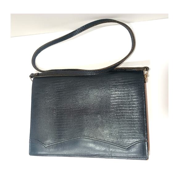 VINTAGE HALA NAVY LEATHER SNAKESKIN PRINT FLAP RETRO PURSE - Picture 10 of 11